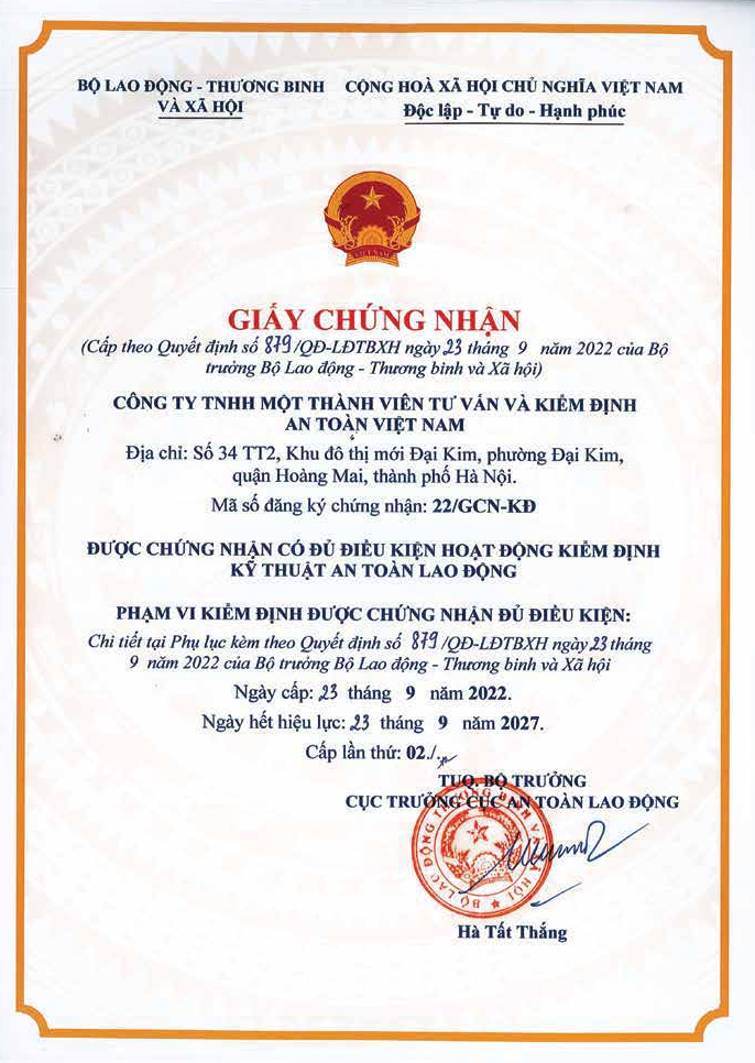 Giấy chứng nhận Kiểm định an toàn lao động - Bộ Lao động - Thương binh và Xã hội